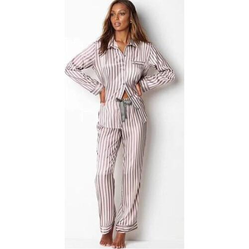 Long Sleeve Pajamas for Women Striped Satin Silk Pajama Set Sleepwear Fashion Style Loungewear Ladies Lounge Wear Winter Clothes