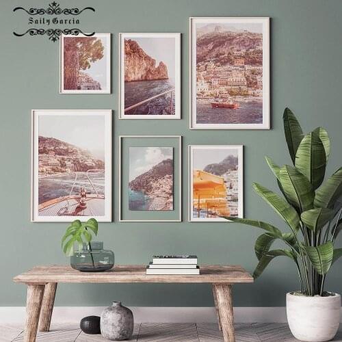 Italy Amalfi Coast Flower Landscape Poster and Print Pastel Summer Canvas Art Seascape Picture for Home Decor Interior Paintings