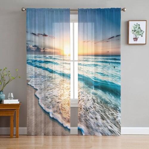 Blue Sea Waves Sunset Sunshine Sheer Curtains for Living Room Bedroom Kitchen Tulle for Windows Voile Yarn Curtains for Bedroom