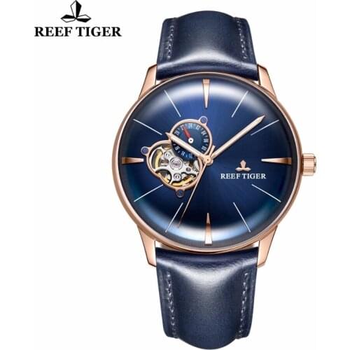 Reef Tiger/RT New Designer Casual Men Watches Rose Gold Blue Dial Convex Lens Sapphire Glass Automatic Mechanical Watches