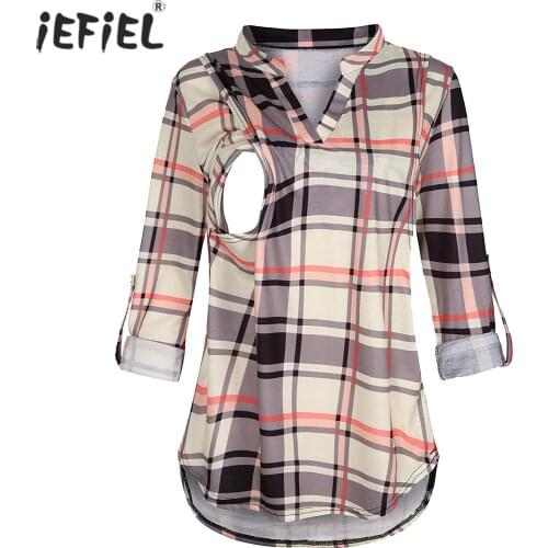 Pregnant Women Shirt Maternity Nursing Breastfeeding Tops Long Sleeve V Neck Plaid Breastfeeding Blouses Tops Pregnancy Clothes
