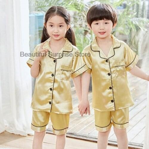 Silk New Boys Pajamas Kids Home Pajama Sets Girls Pyjamas Kids Yellow Solid Sleepwear Baby Nightwear Summer Pijamas For Kids