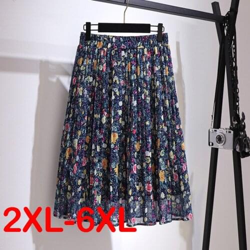 Plus Size Women 2xl-6xl Print Floral Chiffon A-line Skirt New Korean Large Casual Loose Elastic Waist Skirt Navy