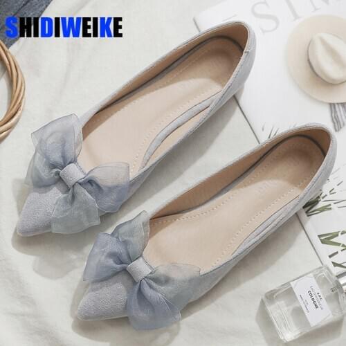 2021 Fairy Blue bow-knot ballet flats women shoes loafers ballerina woman elegant cozy pointed toe shallow moccasins size 45