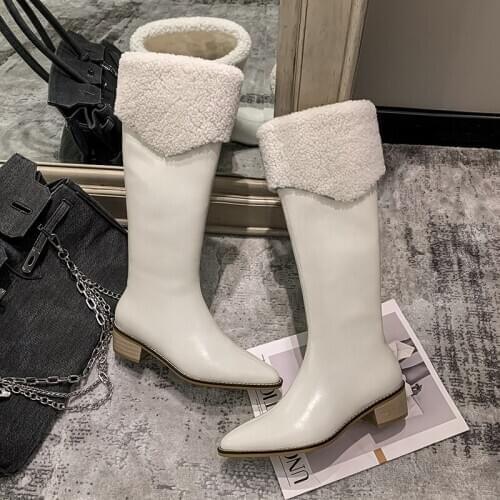 2020 New Genuine Leather Boots Women Shoes Zipper Warm Winter Boots Nature Sheep Wool Mid Calf Boots Ladies Botas