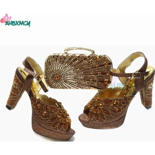 2021 New Arrivals Autumn African Women Shoes and bag set in Coffee Color High Quality Mature Style Comfortable Heels for Party