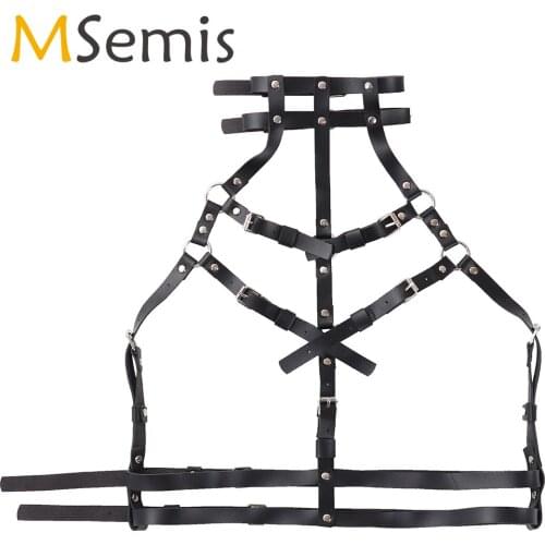 Women Hollow PU Leather Top Punk Rivets O-Rings Decorated Waist Belt Tanks Nightclub Rave Body Chest Harness Sexy Crop Top Vest