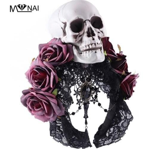 New Custom-made Skull Rose Headband Halloween Lace Floral Crown Girls Party Gothic Headdress