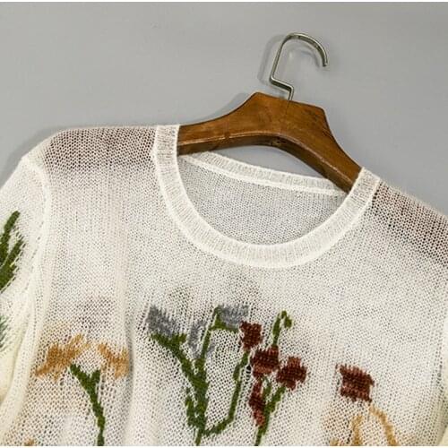 Fashion Women Runway 2021 High Quality Autumn Long Sleeve Flower Embroidery Knitted Mohair Sweater