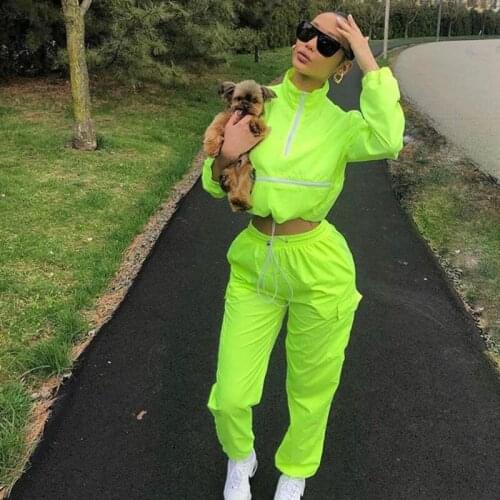 Womens Zipper High Collar Long Sleeve Cropped Top Short Long Straight Pants Set Two-piece Sportswear Sportswear Neon Suit