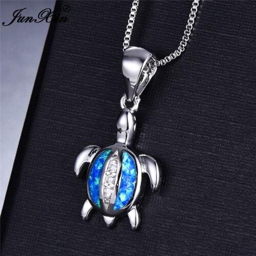 Boho Female Turtle Animal Pendants Necklaces Fashion silver color Choker Necklace Blue Fire Opal Necklaces For Women