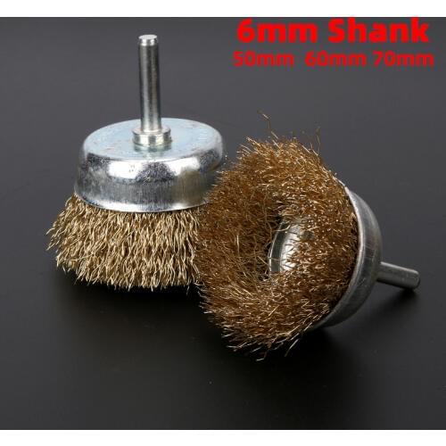 1Pcs 6MM Shank Brass Wire Bowl Shape Round Brush Crimped Tempered Steel Bristles Removing Rust Cleaning Tools For Power Tool