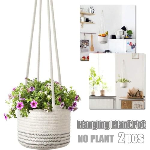 2Pcs Modern Hand-woven Hanging Basket White Gray Striped Hanging Basket Storage Storage Rack Green Plants Potted Home Decoration