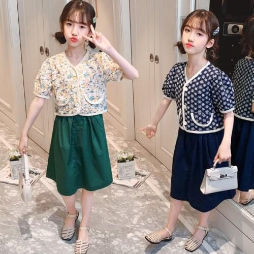 2021 Summer Clothes For Kids Girls V-Neck Jacket Tops+Skirt Teenager Clothing Outfits Casual 4 5 6 7 8 9 10 11 12 13 14Years Old