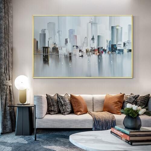 Abstract Big City Buildings By The River With Small Boats 100% Hand Painted Oil Painting On Canvas Wall Art For Home Decor