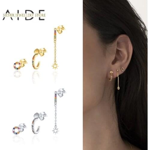 AIDE 3 Pcs Cute Colorful Round Circle Ear Studs 925 Sterling Silver Sun Dangle Earrings for Women Charm Fine Jewelry kolczyki