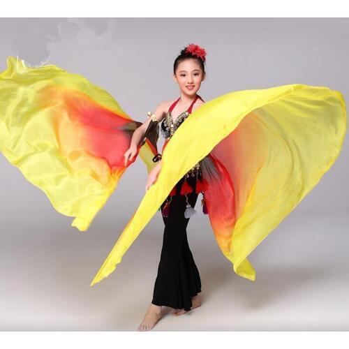 1Pair kids children Stage Performance Props 100% real Silk Veil Isis Wing Colorful half-circle belly dance veils Wings 2 colors
