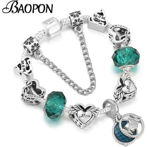 European Style Silver Plated MOM Pendant Charm Bracelet DIY Crystal Glass Beads Brand Bracelets For Women Mother Jewelry Gift