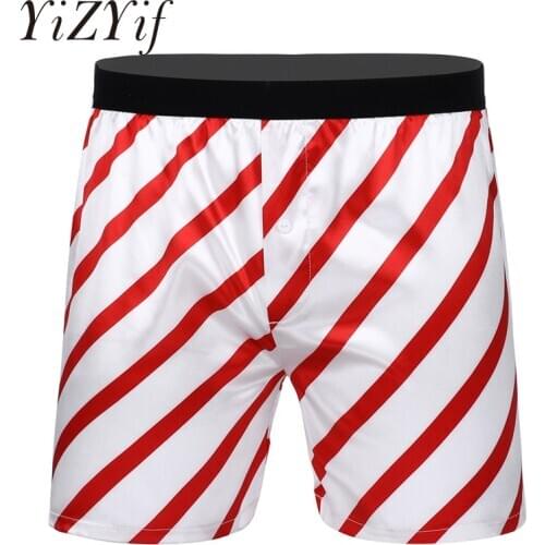 Classic Stripe Christmas Boxer Shorts Men Smooth Silky Satin Underwear Sexy Lingerie Mid-rise Boxer Shorts Loose Lounge Shorts