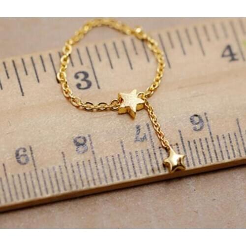 Pure Solid 24k Yellow Gold Ring Women Luck Two Star & O Chain Soft Ring