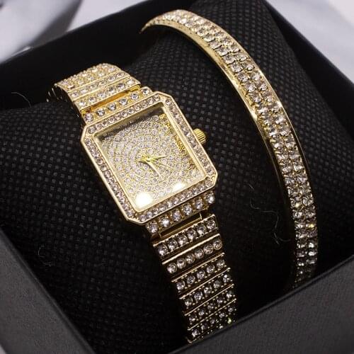 2Pcs Luxury Bracelet Watches Set Women Bracelet Rhinestone Wristwatch Quartz Clock With Diamond Bracelets Gifts Sets For Women