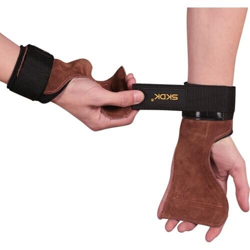 Leather Weight Lifting Gloves Hand Grips Straps Adjustable Neoprene Padded Wrist Wraps Support for Deadlifts Pull-ups Workout