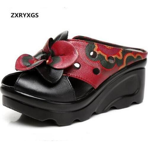 Hot 2020 New Flower Printing Cow Leather Shoes Summer Women Sandals Slippers Fashion Sandals wedges Platform Shoes Woman sandals