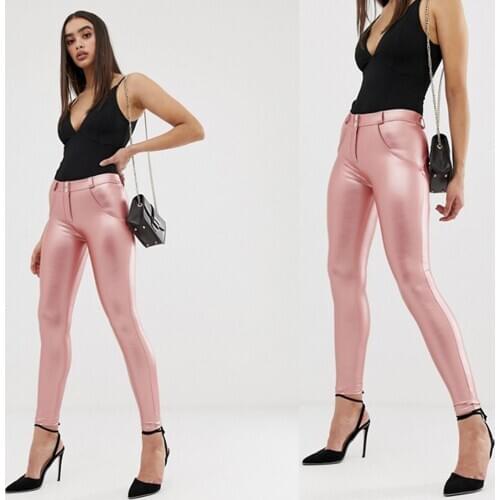 Melody Sexy Faux Leather Pants Winter Mid Waist Pink Leather Long Pants Women Push Up Skinny Pants With Fleece Lined New Arrival