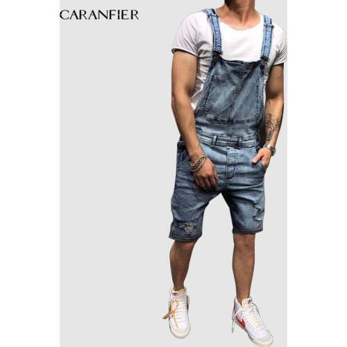 CARANFIER Mens Jeans Siamese Strap Old Denim Work Clothes Loose Casual Comfortable Straight Five Points Pants Siamese Strap