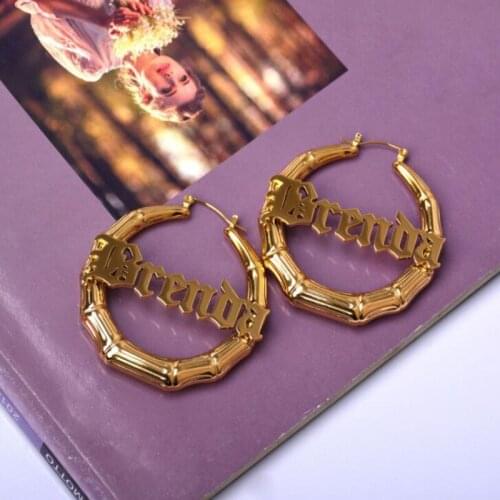 Customize Name Earrings Stainless Steel Bamboo Style Personality Custom Hoop Earrings Statement Words Hiphop Jewelry DIY Gift