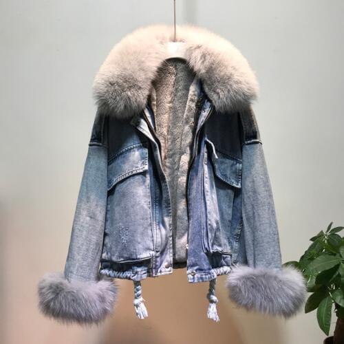 Real Fox fur thick warm denim parkas female winter fashion faux rabbit fur liner detachable fur padded warm coat F476