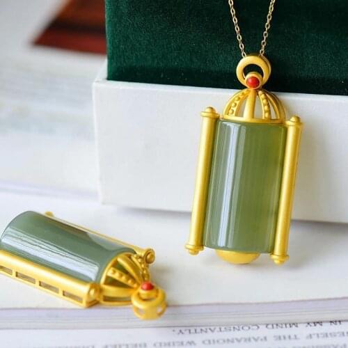 Natural Hetian Jade Green Jade S925 Sterling Silver Gilded Castle Vintage Court Style Hollow Delicate Simple Ladies' Pendant