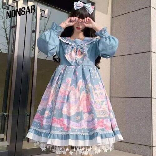 NONSAR New Lolita Dress Ladies Party Navy Neck Long Sleeve OP Dress Womens Spring 2021