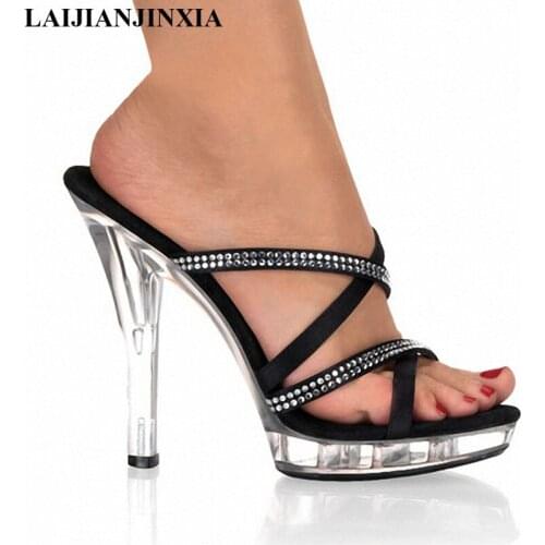 LAIJIANJINXIA 2018 NEW 13CM High Heels Slippers Plump Crystal Shoes Sexy Special Stripper Shoes Platform Womens Shoes Slides