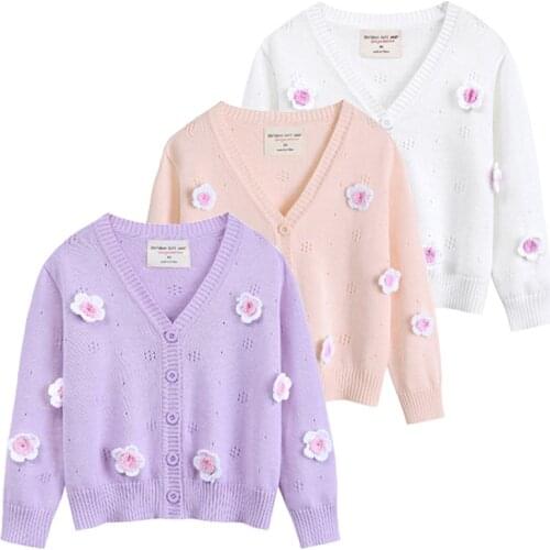 New Baby Girls Floral Cardigan Embroidered Crochet Sweater Cardigans Jackets Candy Pink Purple Color Spring Autumn Outwears Coat