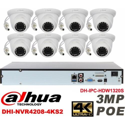 Dahua original 8CH 3MP H2.64 DH-IPC-HDW1320S 8pcs CCTV Network camera POE DAHUA DHI-NVR4208-4KS2 Dome IP security camera kit