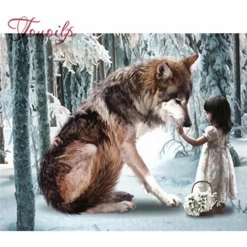 Offre spéciale kit de peinture diamant fille et loup | kit point de croix, motifs de broderie diamant imprimée