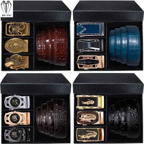 Luxury Boxed Mens Belts Set Black Brown Blue Burgundy Crocodile Pattern Leather Automatic Buckle Waist Belt for Dad Son Men Gift