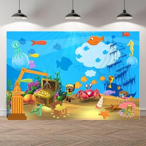 Seekpro Ocean Treasure Blue Sea Animals Cartoon Baby Backdrop Customized Kids Birthday Party Decorations Background Photocall