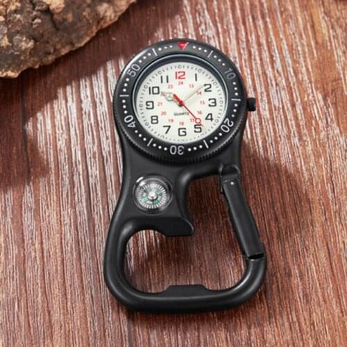 Luminous Outdoor Sport Clock Clip-On Carabiner Pocket Watch Nurse Watch Multi-function Compass Bottle Opener for Doctors Chefs