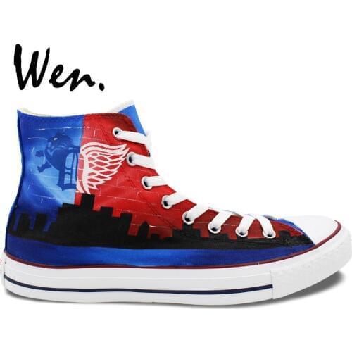 Wen Design Custom Hand Painted Shoes Detroit Skyline Men Womens Blue Red High Top Canvas Sneakers