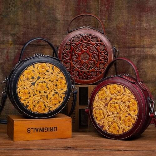 Vintage Circular Small Women Bag 2021 New Flower Genuine Leather Handbag Cowhide Handmade Carving Craft Leisure Shoulder Bags