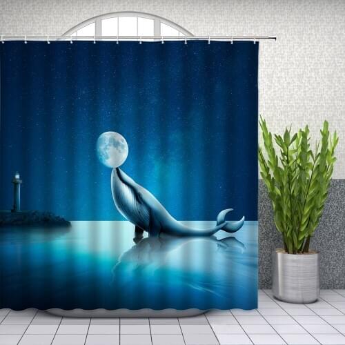 Funny Whale Moon Starry Sky Scenery Shower Curtains Ocean Lighthouse Bathroom Decor Home Bath Waterproof Polyester Cloth Curtain