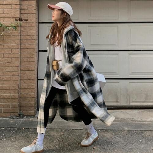 Korean Long Plaid Jacket Womens Turn-Down Collar Loose Woolen Jackets Vintage Elegant Basic Coat Ladies Outerwear