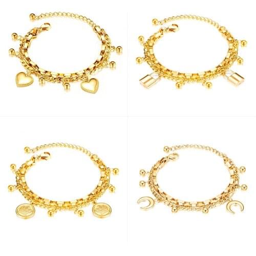 17G 22Cm Europe And America Stainless Steel Bracelet For Women Rose Gold Plated Fashion All-Match Multi Layer Love Moon Jewelry