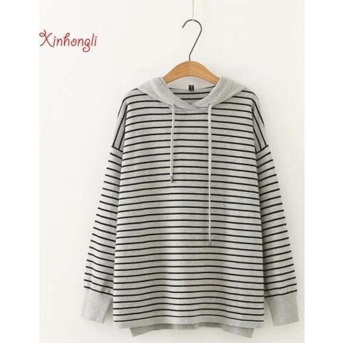 Plus size hooded Striped women loose gray sweater 2020 NEW winter casual ladies knitted pullover wool coats female tops oversize