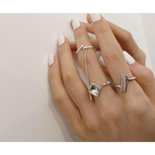 Punk Silver Color Open Circle T Bar Crystal Link Chain Rings for Women Hiphop Boho Geometric Wave Ring Party Accessories