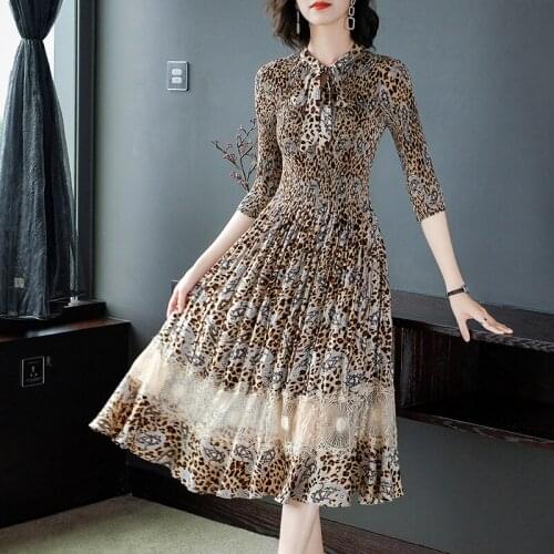 2021 Spring Fall Fashion Women Bow Lace Patchwork Leopard Pattern Dress , Woman Clothes Slim 4xl 5xl 3/4 Sleeve Long Dresses