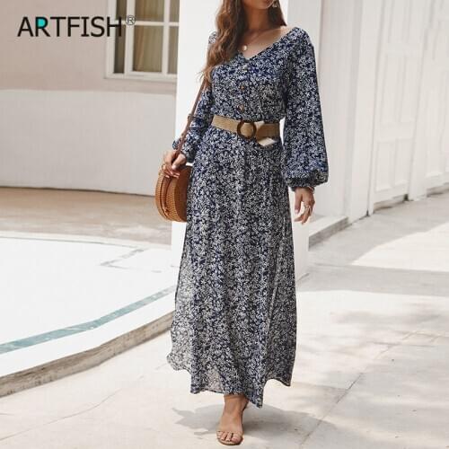 Maxi Dress Split Elegant 2019 Autumn Dress Vintage Femme Robe Retro Floral Printed Women Boho Dress Lantern Sleeve V-neck M0610