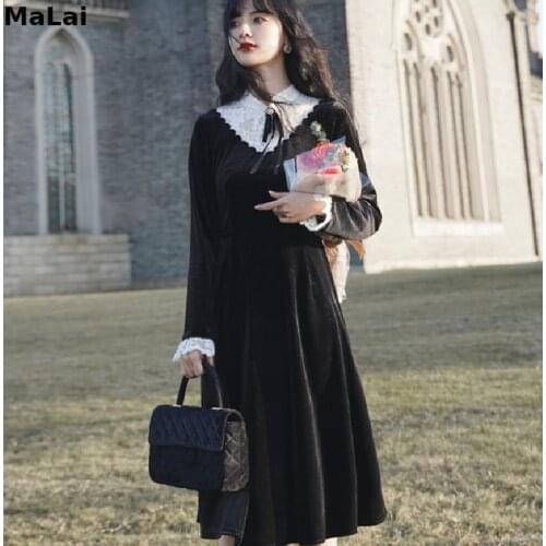 Winter Sweet Vintage Black Dress Women 2021 Casual Long Sleeve Lace Gothic One Piece Dress Female Korean Retro Elegant Dresses